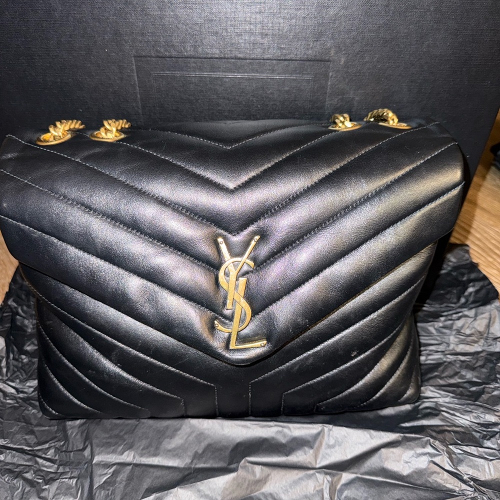 Yves Saint Laurent Black LouLou Quilted Shoulder Bag with Gold Accents